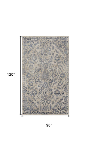 Homeroots 8' X 10' Blue Gray And Ivory Floral Power Loom Distressed Area Rug Blue,Gray,Ivory Polypropylene 513283