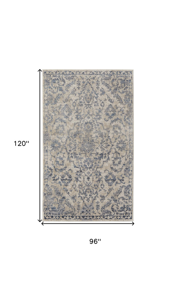 Homeroots 8' X 10' Blue Gray And Ivory Floral Power Loom Distressed Area Rug Blue,Gray,Ivory Polypropylene 513283
