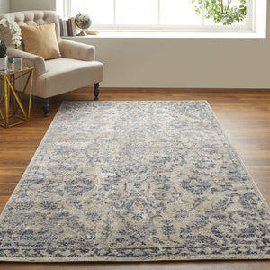 Homeroots 8' X 10' Blue Gray And Ivory Floral Power Loom Distressed Area Rug Blue,Gray,Ivory Polypropylene 513283