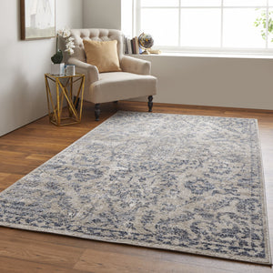 Homeroots 8' X 10' Blue Gray And Ivory Floral Power Loom Distressed Area Rug Blue,Gray,Ivory Polypropylene 513283