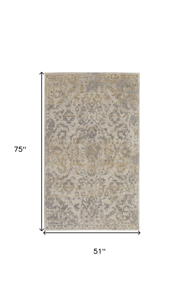 Homeroots 4' X 6' Gray Ivory And Gold Floral Power Loom Distressed Area Rug Gray,Ivory,Gold Polypropylene 513285