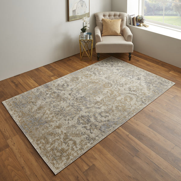 Homeroots 4' X 6' Gray Ivory And Gold Floral Power Loom Distressed Area Rug Gray,Ivory,Gold Polypropylene 513285