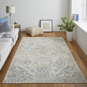 Homeroots 4' X 6' Gray Ivory And Gold Floral Power Loom Distressed Area Rug Gray,Ivory,Gold Polypropylene 513285