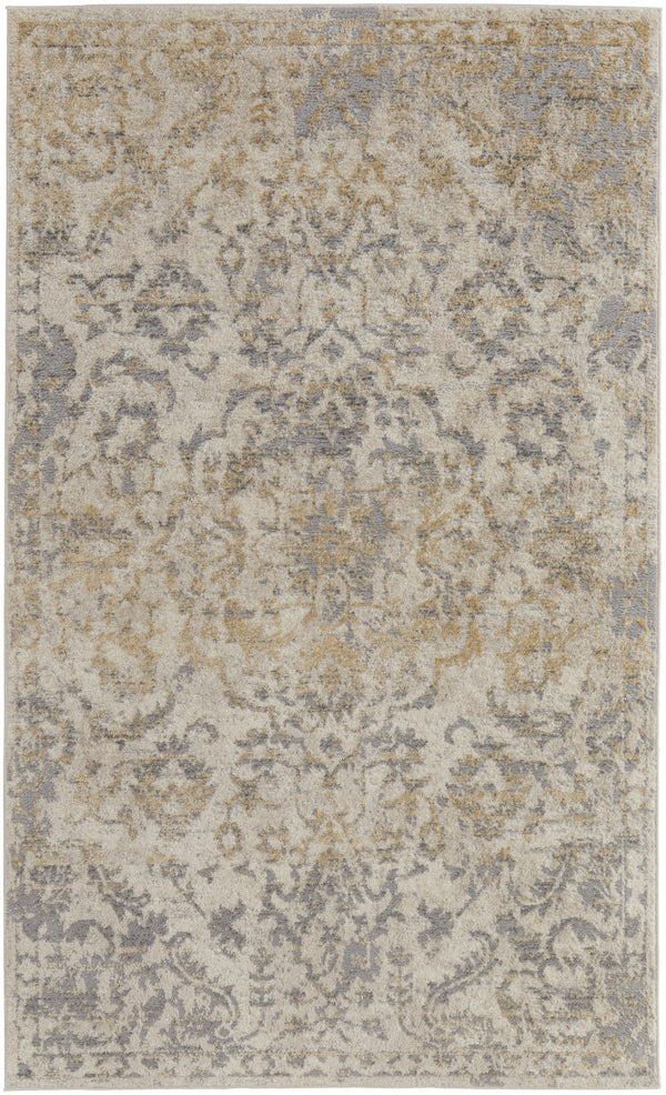 Homeroots 8' X 10' Gray Ivory And Gold Floral Power Loom Distressed Area Rug Gray,Ivory,Gold Polypropylene 513287
