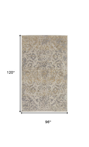Homeroots 8' X 10' Gray Ivory And Gold Floral Power Loom Distressed Area Rug Gray,Ivory,Gold Polypropylene 513287