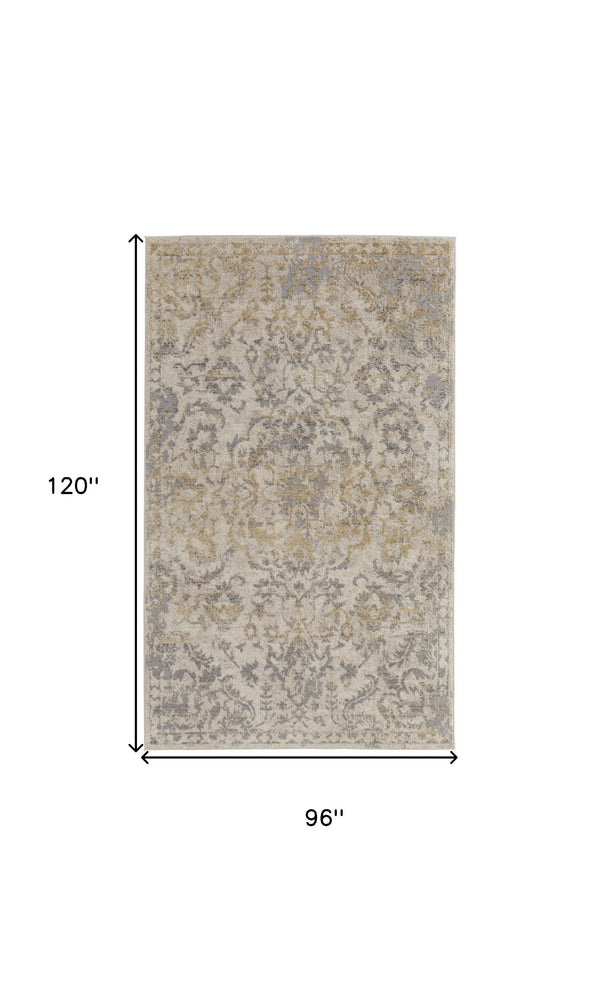 Homeroots 8' X 10' Gray Ivory And Gold Floral Power Loom Distressed Area Rug Gray,Ivory,Gold Polypropylene 513287