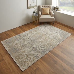 Homeroots 8' X 10' Gray Ivory And Gold Floral Power Loom Distressed Area Rug Gray,Ivory,Gold Polypropylene 513287