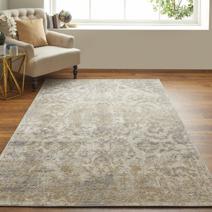 Homeroots 8' X 10' Gray Ivory And Gold Floral Power Loom Distressed Area Rug Gray,Ivory,Gold Polypropylene 513287
