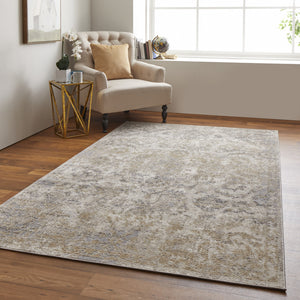 Homeroots 8' X 10' Gray Ivory And Gold Floral Power Loom Distressed Area Rug Gray,Ivory,Gold Polypropylene 513287