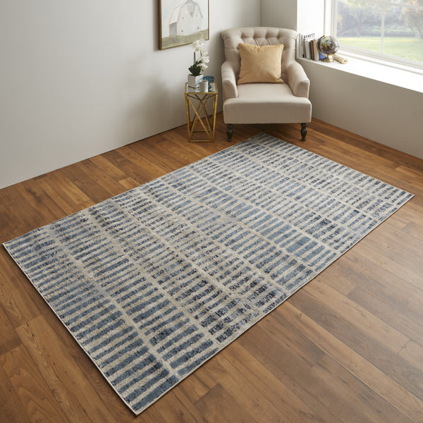 Homeroots 8' X 10' Blue And Ivory Geometric Power Loom Distressed Area Rug Blue,Ivory Polypropylene 513291