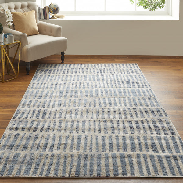 Homeroots 8' X 10' Blue And Ivory Geometric Power Loom Distressed Area Rug Blue,Ivory Polypropylene 513291