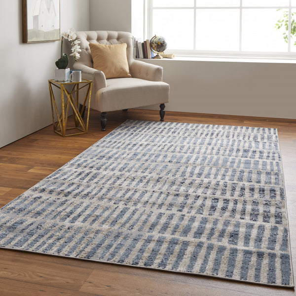 Homeroots 8' X 10' Blue And Ivory Geometric Power Loom Distressed Area Rug Blue,Ivory Polypropylene 513291