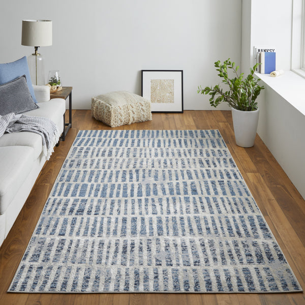 Homeroots 8' X 10' Blue And Ivory Geometric Power Loom Distressed Area Rug Blue,Ivory Polypropylene 513291