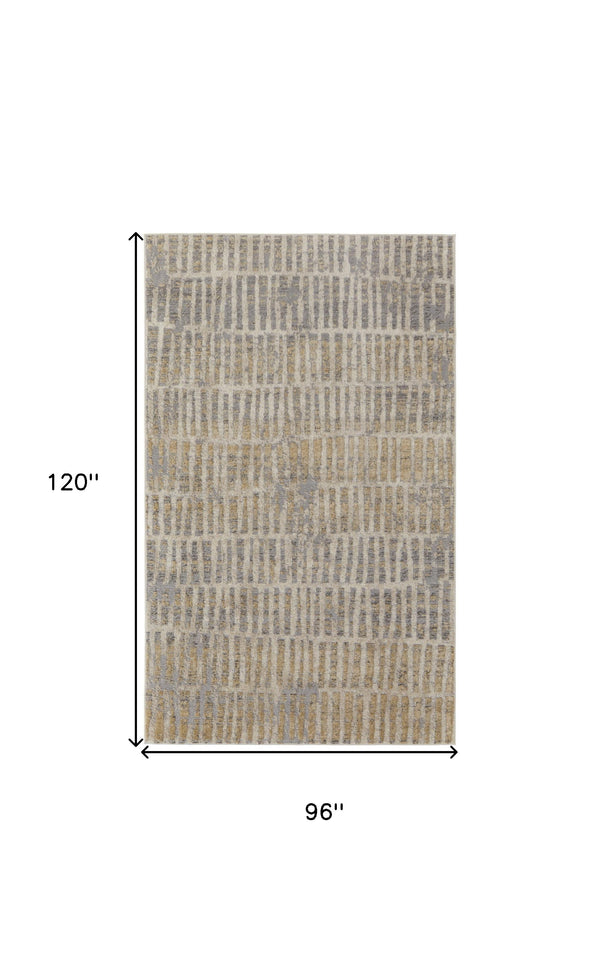 Homeroots 8' X 10' Gray Ivory And Gold Geometric Power Loom Distressed Area Rug Gray,Ivory,Gold Polypropylene 513295
