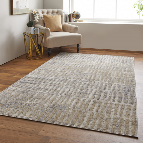 Homeroots 7' X 10' Gray Ivory And Gold Geometric Power Loom Distressed Area Rug Gray,Ivory,Gold Polypropylene 513296