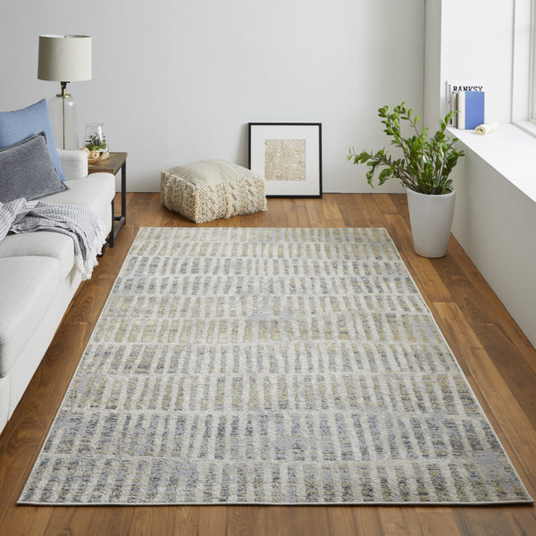 Homeroots 7' X 10' Gray Ivory And Gold Geometric Power Loom Distressed Area Rug Gray,Ivory,Gold Polypropylene 513296