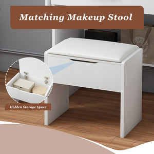 English Elm Vanity Desk with Led Mirror Touch Light Power Outlet Drawers and Storage Stool W2700P342538