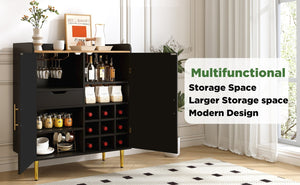 English Elm Modern Fluted Bar Cabinet with Wine Rack Glass Holders Adjustable Shelving and Hidden Drawer Black N728P438606B