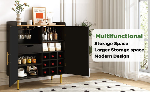 English Elm Modern Fluted Bar Cabinet with Wine Rack Glass Holders Adjustable Shelving and Hidden Drawer Black N728P438606B