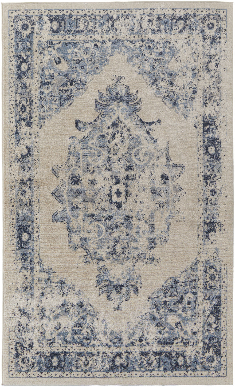 Homeroots 8' X 10' Ivory And Blue Floral Power Loom Distressed Area Rug Ivory,Blue Polypropylene 513307