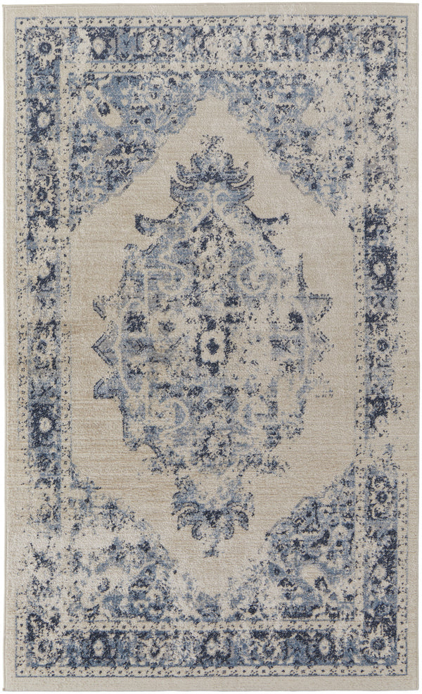 Homeroots 8' X 10' Ivory And Blue Floral Power Loom Distressed Area Rug Ivory,Blue Polypropylene 513307