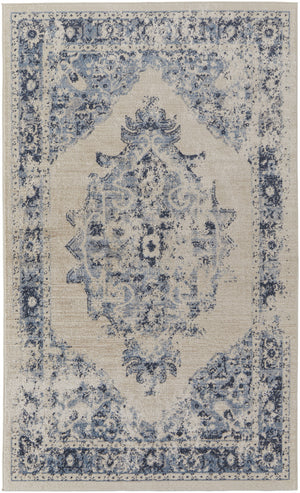 Homeroots 8' X 10' Ivory And Blue Floral Power Loom Distressed Area Rug Ivory,Blue Polypropylene 513307