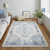 Homeroots 8' X 10' Ivory And Blue Floral Power Loom Distressed Area Rug Ivory,Blue Polypropylene 513307