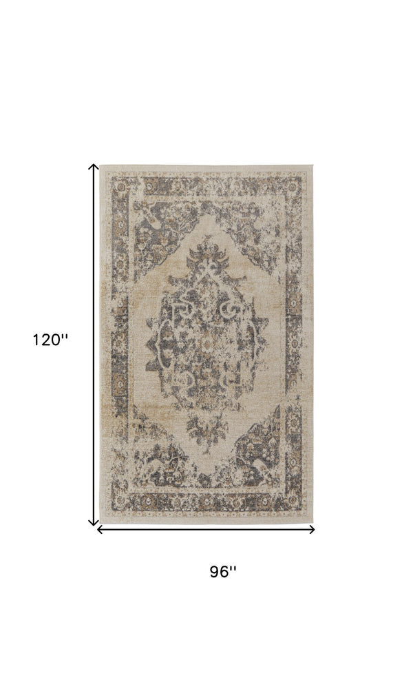 Homeroots 8' X 10' Ivory Gray And Brown Floral Power Loom Distressed Area Rug Ivory,Gray,Brown Polypropylene 513311