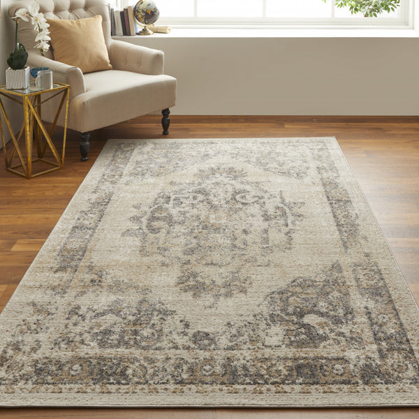 Homeroots 8' X 10' Ivory Gray And Brown Floral Power Loom Distressed Area Rug Ivory,Gray,Brown Polypropylene 513311