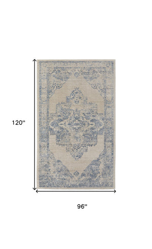 Homeroots 8' X 10' Blue And Ivory Floral Power Loom Distressed Area Rug Blue,Ivory Polypropylene 513323