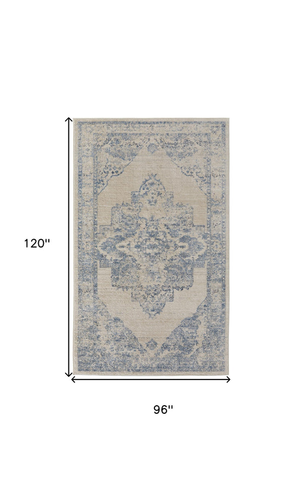 Homeroots 8' X 10' Blue And Ivory Floral Power Loom Distressed Area Rug Blue,Ivory Polypropylene 513323