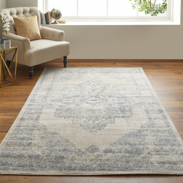 Homeroots 8' X 10' Blue And Ivory Floral Power Loom Distressed Area Rug Blue,Ivory Polypropylene 513323