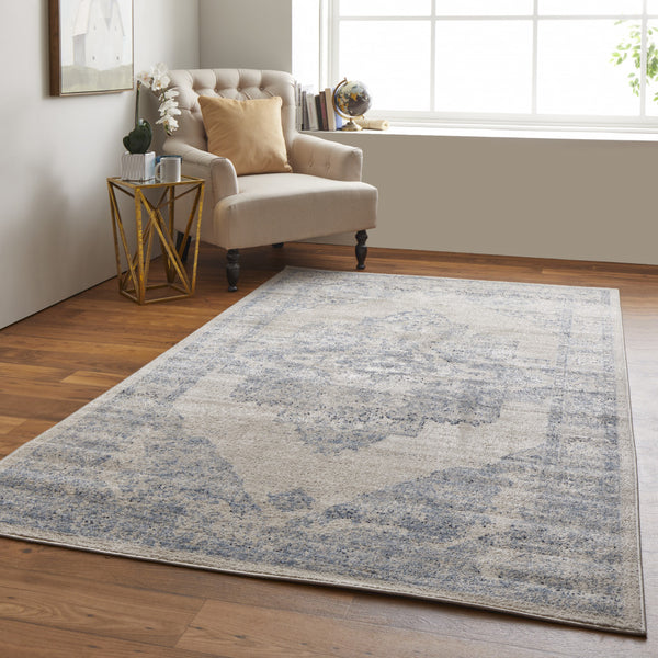 Homeroots 8' X 10' Blue And Ivory Floral Power Loom Distressed Area Rug Blue,Ivory Polypropylene 513323