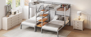 English Elm Metal Triple Bunk Bed Space-Saving Twin over Twin & Twin Design with Staircase Storage Shelves, Durable Metal Frame Silver GX001115AAN