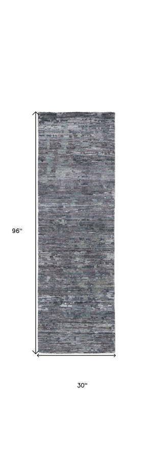 HomeRoots 4' Hand-Knotted Wool Area Rug in Blue and Gray Abstract Design for Modern Home Elegance 8' Runner 513354