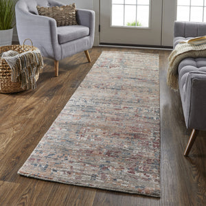 Homeroots 8' Red And Blue Wool Abstract Hand Knotted Runner Rug  Wool 513362