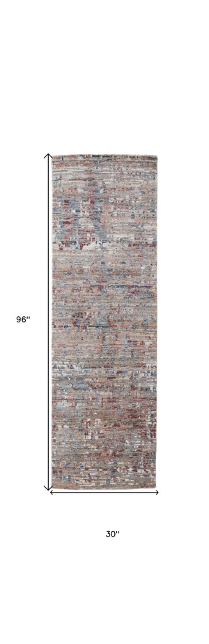 Homeroots 8' Red And Blue Wool Abstract Hand Knotted Runner Rug  Wool 513362