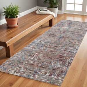 Homeroots 8' Red And Blue Wool Abstract Hand Knotted Runner Rug  Wool 513362