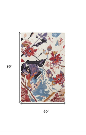 HomeRoots 4' Timeless Blue and Red Floral Hand-Tufted Area Rug - Elegant Comfort for Living Rooms & Bedrooms 5' X 8' 513366