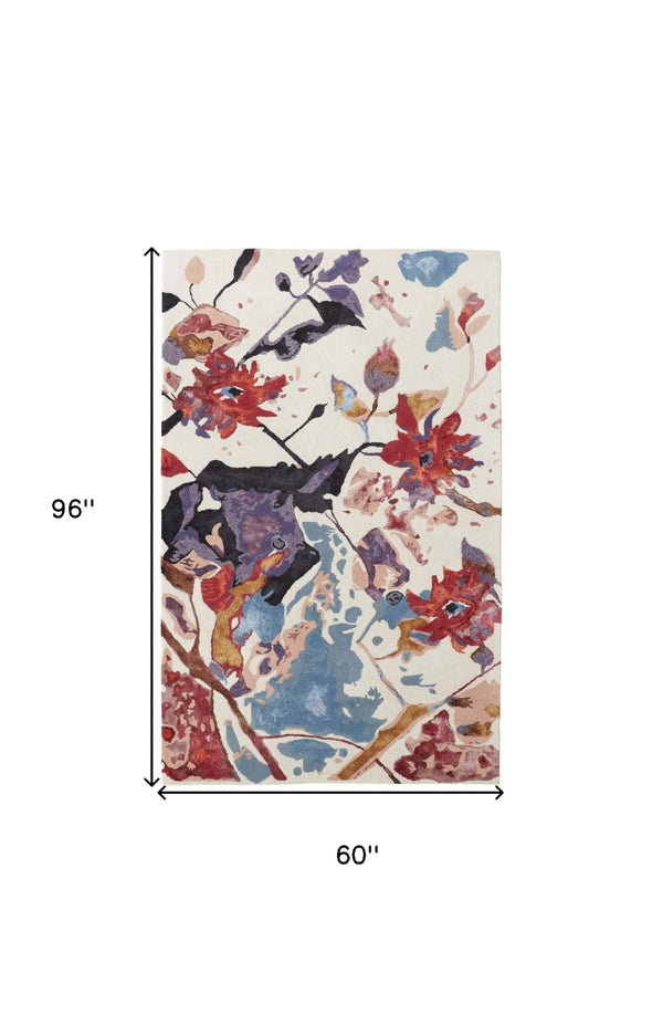 HomeRoots 4' Timeless Blue and Red Floral Hand-Tufted Area Rug - Elegant Comfort for Living Rooms & Bedrooms 5' X 8' 513366