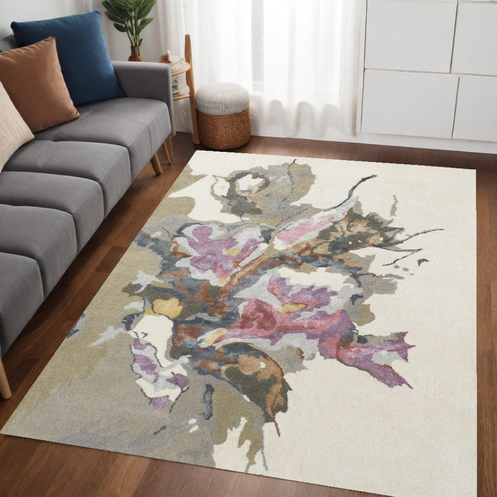 HomeRoots 4' Elegant Pink and Green Floral Hand-Tufted Wool Area Rug for Living Rooms and Bedrooms Decor 5' X 8' 513372