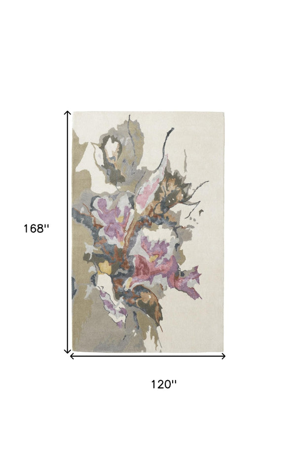 HomeRoots 4' Elegant Pink and Green Floral Hand-Tufted Wool Area Rug for Living Rooms and Bedrooms Decor 10' X 14' 513375