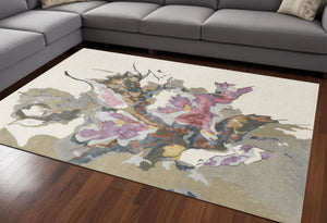 HomeRoots 4' Elegant Pink and Green Floral Hand-Tufted Wool Area Rug for Living Rooms and Bedrooms Decor 10' X 14' 513375