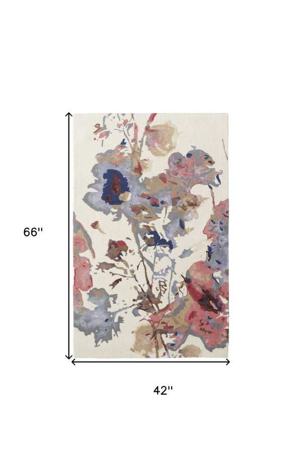 HomeRoots 4' Timeless Ivory and Blue Floral Hand-Tufted Wool Area Rug for Luxurious Comfort and Style 4' X 6' 513377