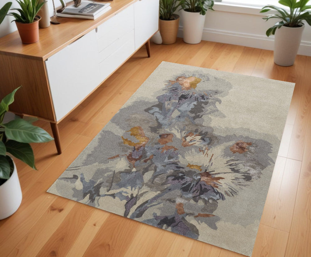 HomeRoots 4' Blue and Gray Floral Hand-Tufted Wool Area Rug - Timeless Style for Cozy Living Spaces 4' X 6' 513383