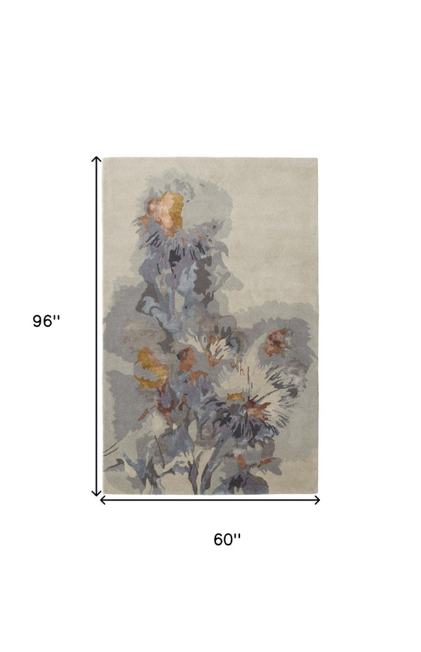 HomeRoots 4' Blue and Gray Floral Hand-Tufted Wool Area Rug - Timeless Style for Cozy Living Spaces 5' X 8' 513384