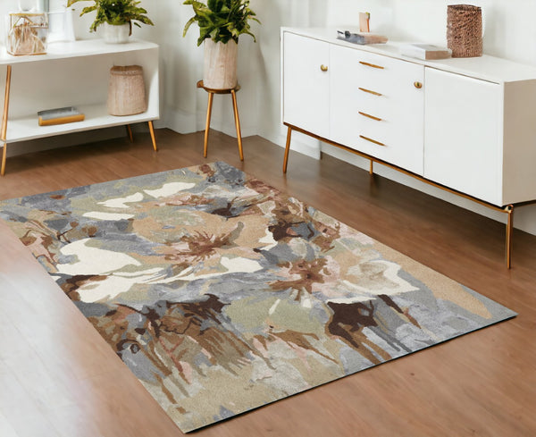 HomeRoots 4' Elegant Tan and Gray Floral Hand-Tufted Wool Area Rug for Cozy Living Rooms and Bedrooms 4' X 6' 513395