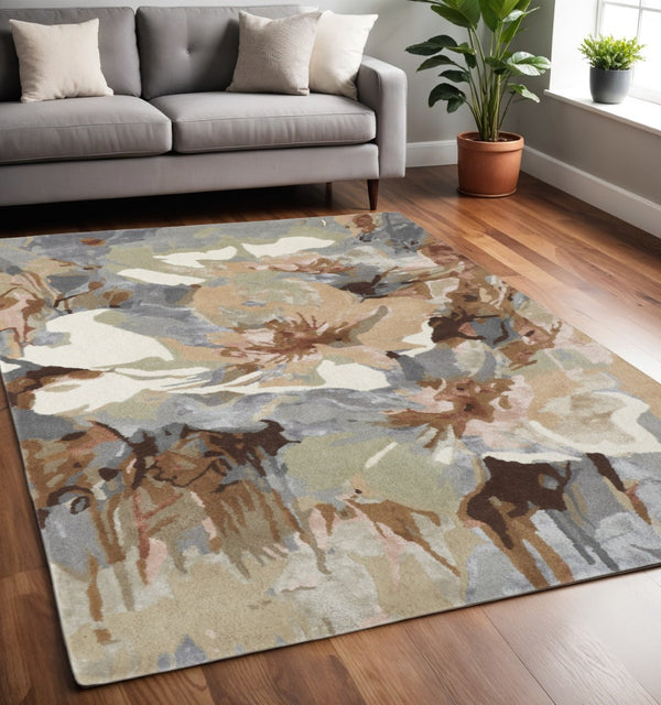 HomeRoots 4' Elegant Tan and Gray Floral Hand-Tufted Wool Area Rug for Cozy Living Rooms and Bedrooms 5' X 8' 513396