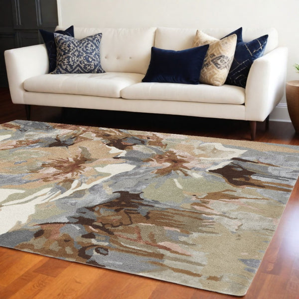 HomeRoots 4' Elegant Tan and Gray Floral Hand-Tufted Wool Area Rug for Cozy Living Rooms and Bedrooms 9' X 12' 513398