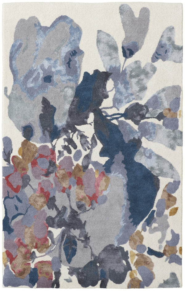 HomeRoots 4' Hand-Tufted Wool Area Rug with Elegant Blue-Gray and Pink Floral Design for Timeless Style 4' X 6' 513401